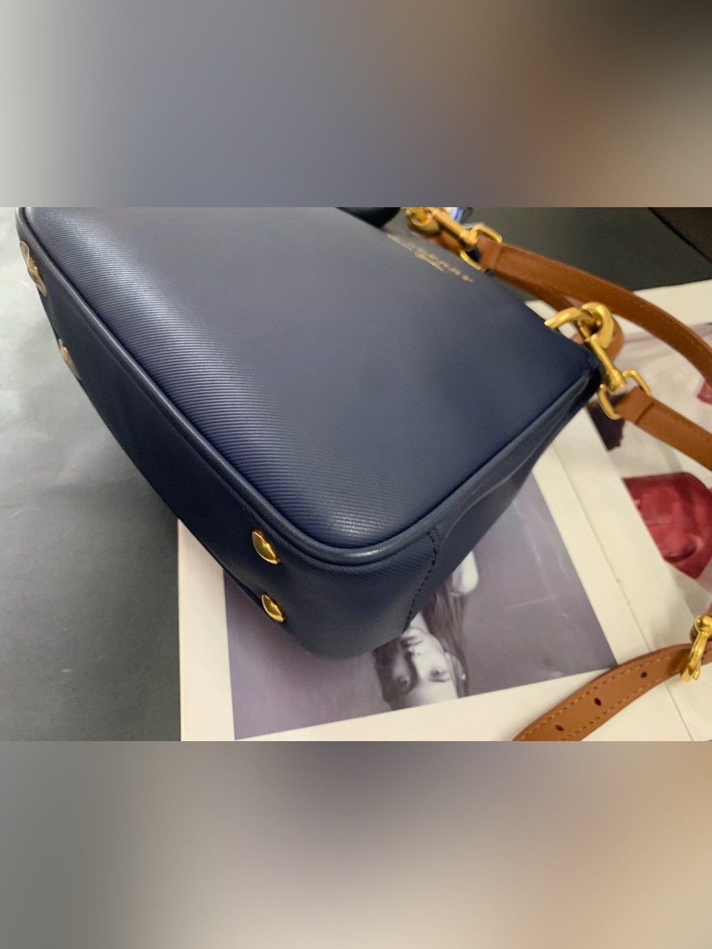 💙Burberry Small DK88 Ink Blue & Tan Leather Top Handle Bag - Picture 12 of 14